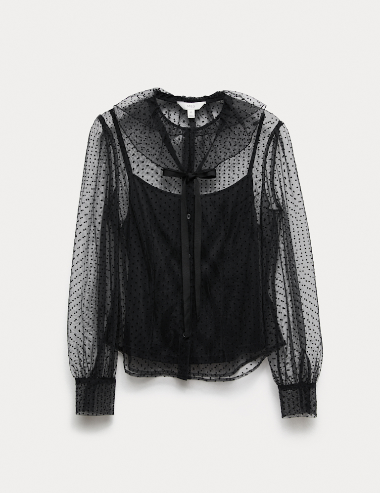 Polka Dot Tie Neck Frill Detail Blouse