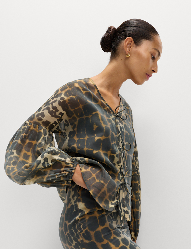Organza Animal Print V-Neck Tie Front Top