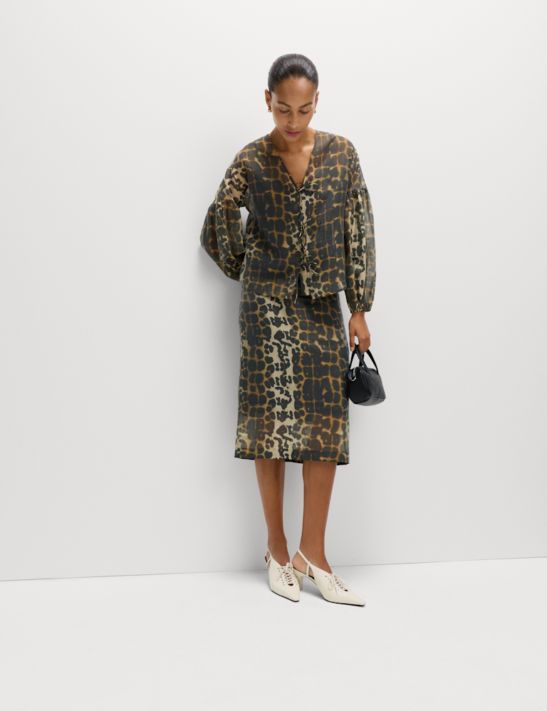 Organza Animal Print V-Neck Tie Front Top