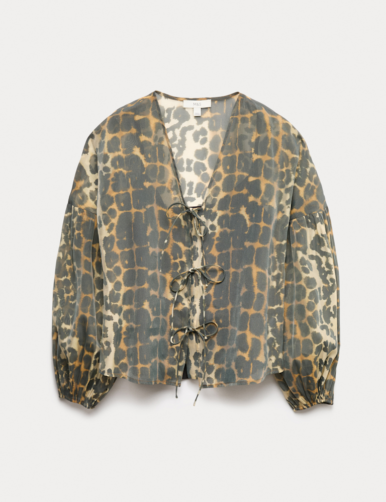 Organza Animal Print V-Neck Tie Front Top