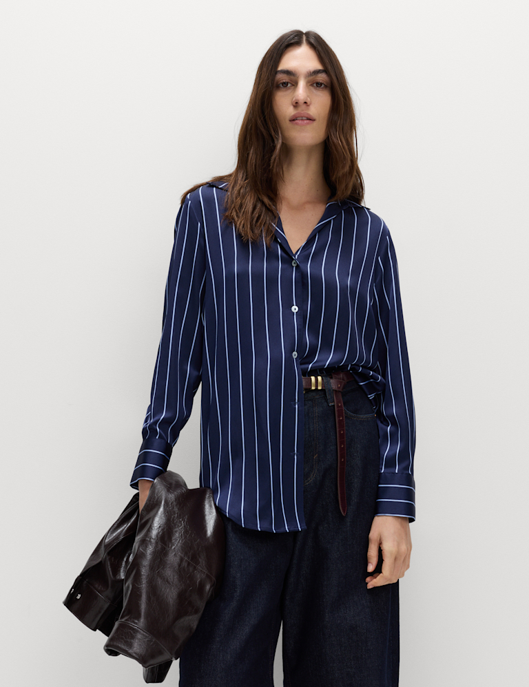 Satin Striped Collared V-Neck Shirt