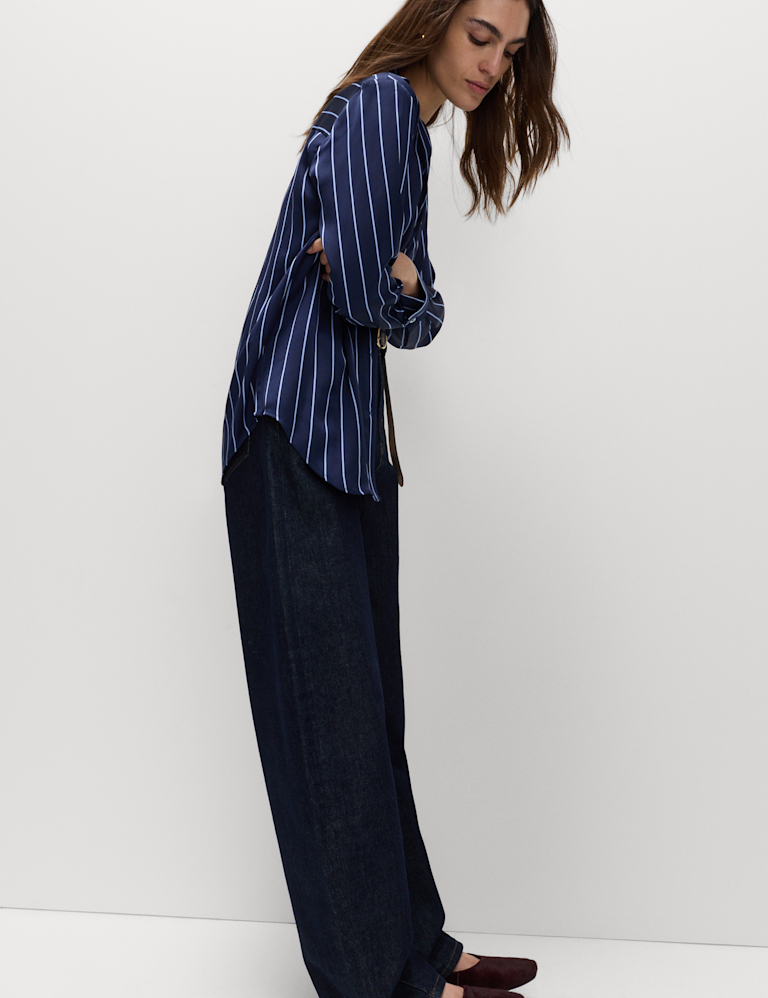 Satin Striped Collared V-Neck Shirt