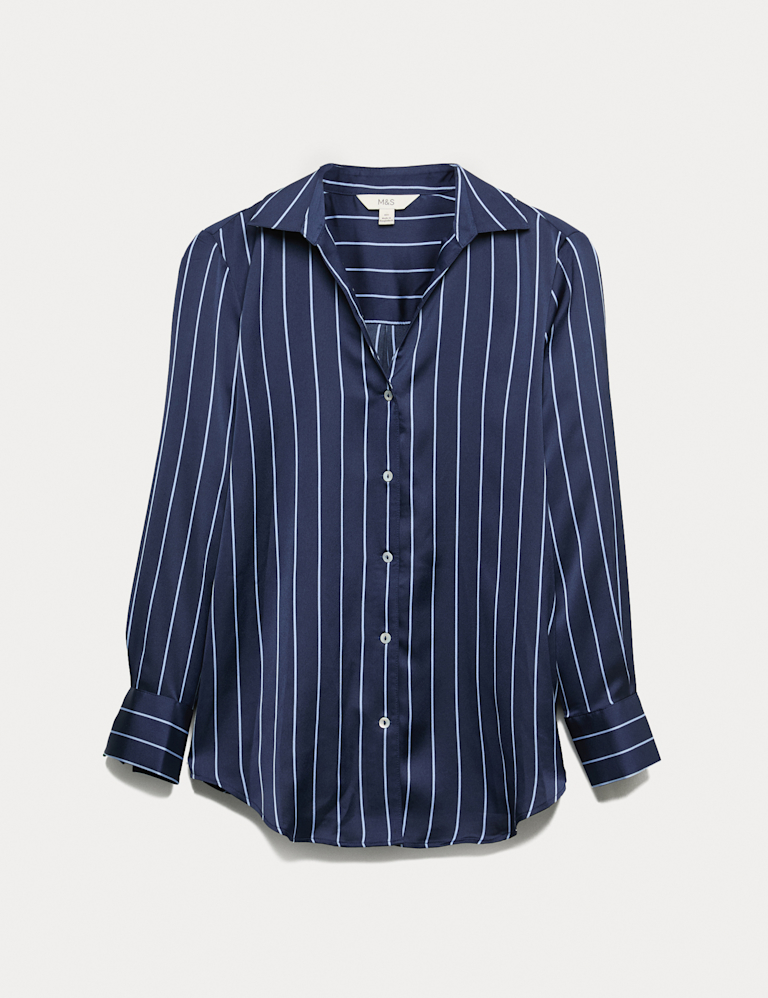 Satin Striped Collared V-Neck Shirt