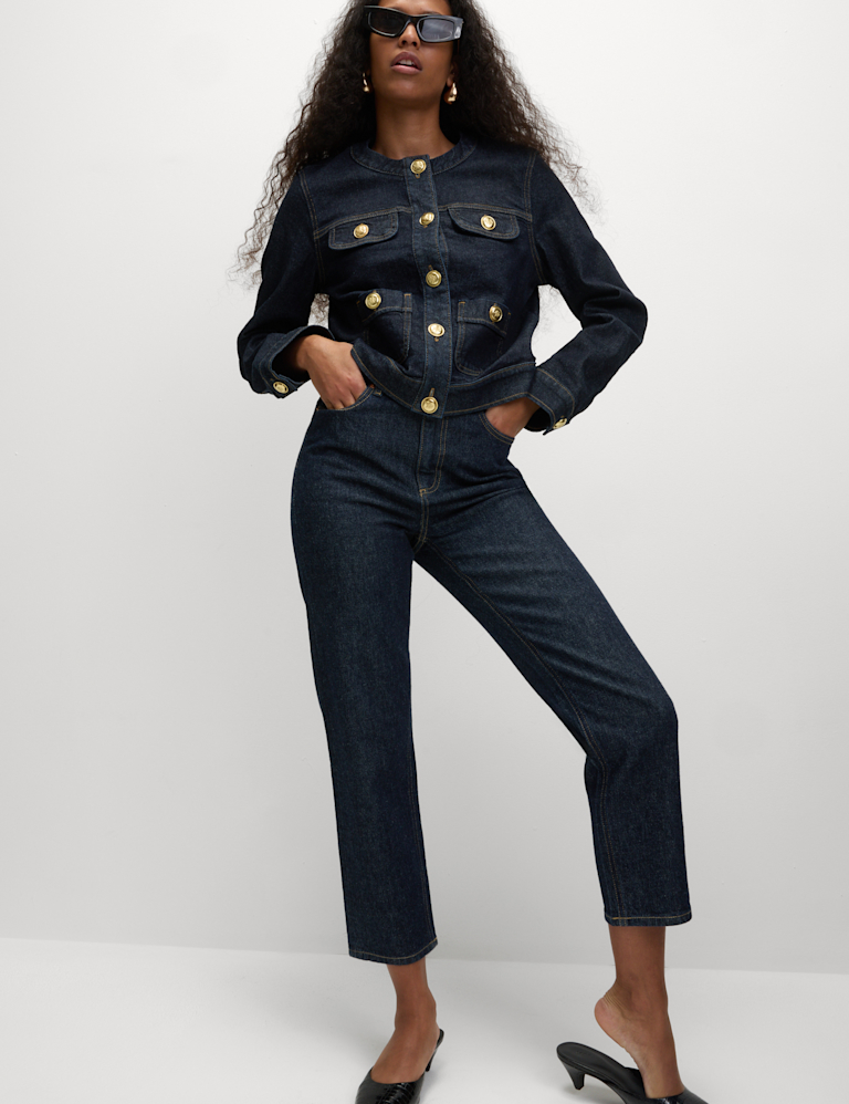 Denim Collarless Button Through Jacket