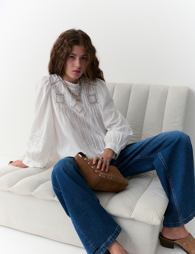 Pure Cotton Crew Neck Lace Front Blouse