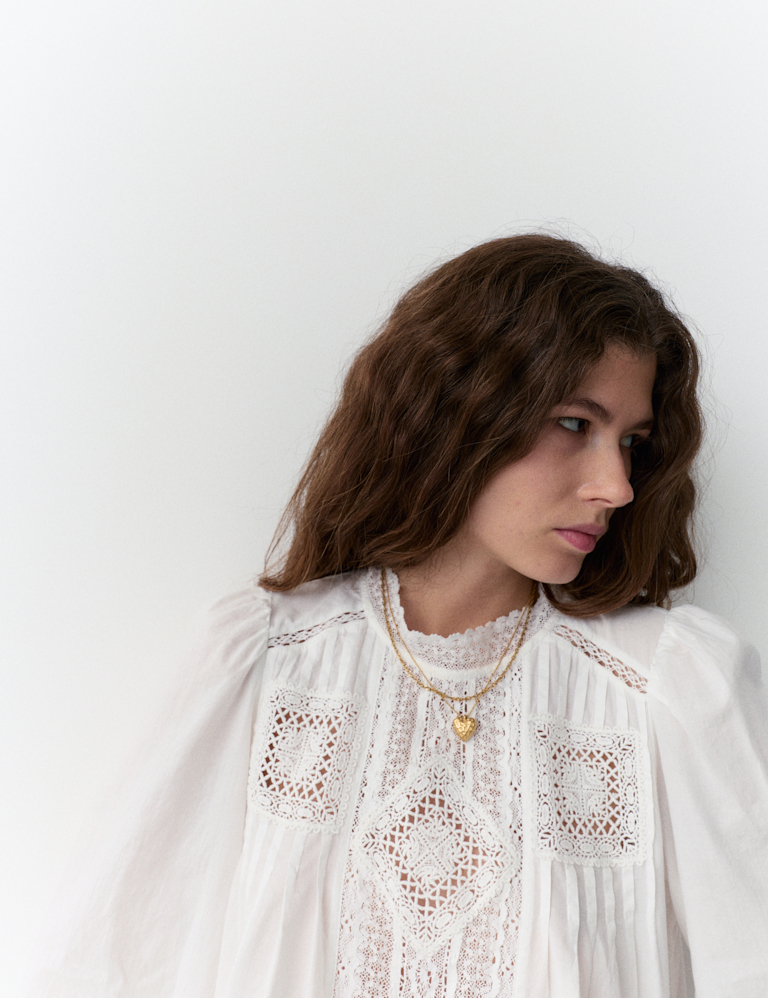 Pure Cotton Crew Neck Lace Front Blouse