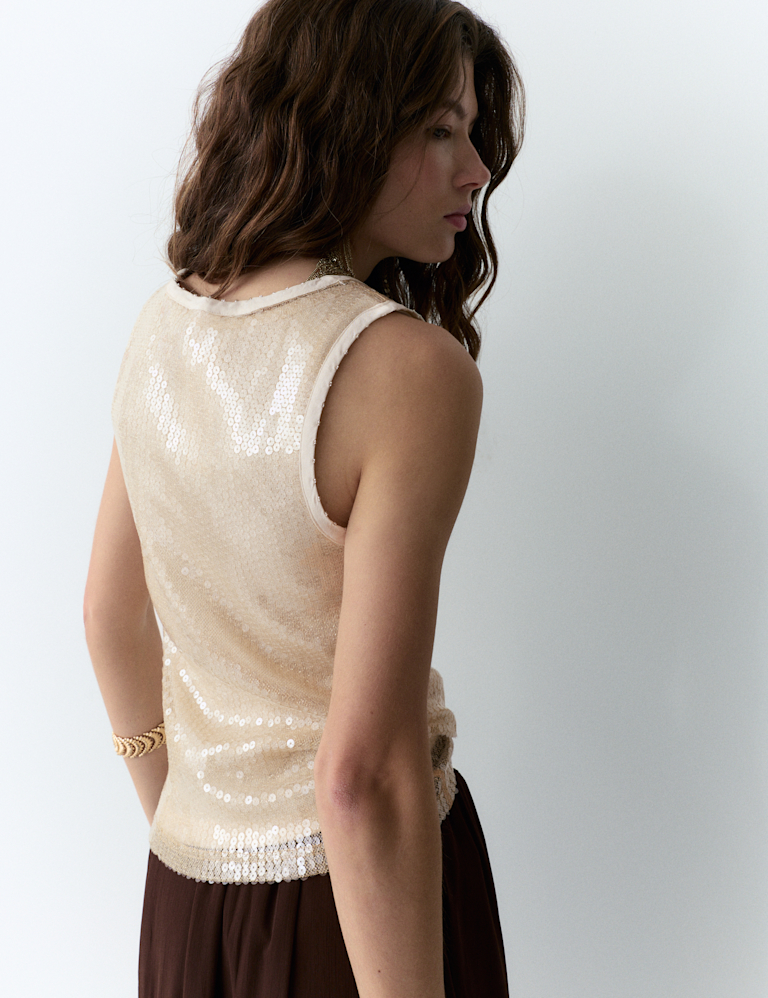 Sheer Sequin Embellished Fitted Vest with Rib Top