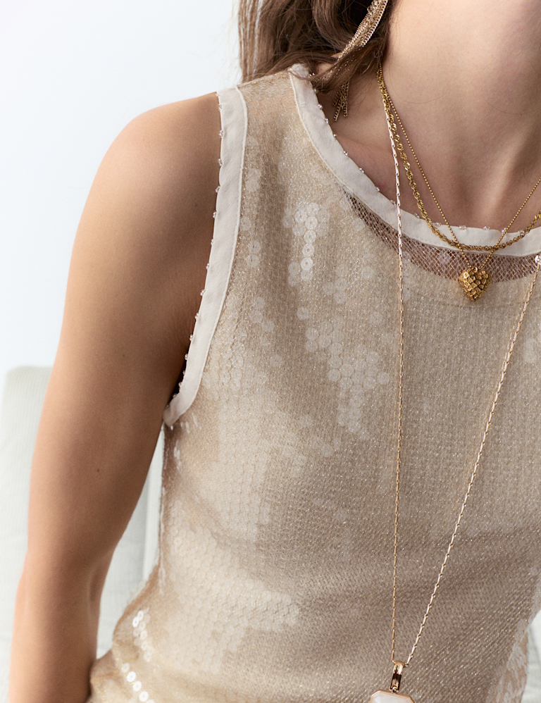 Sheer Sequin Embellished Fitted Vest with Rib Top