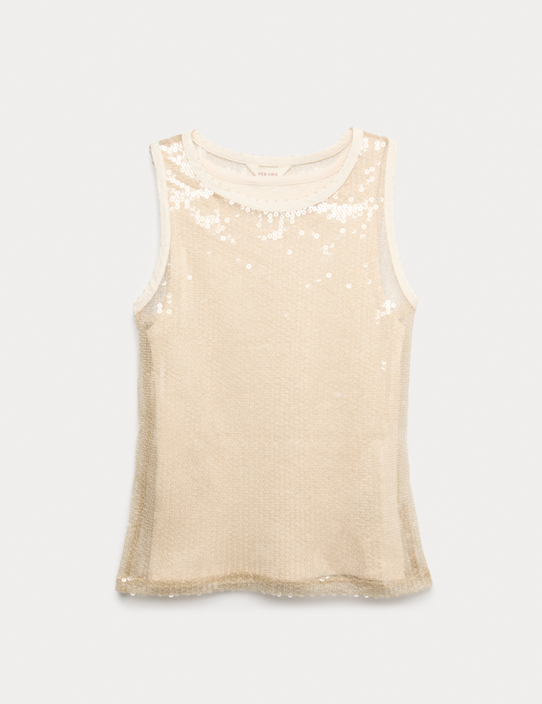 Sheer Sequin Embellished Fitted Vest with Rib Top