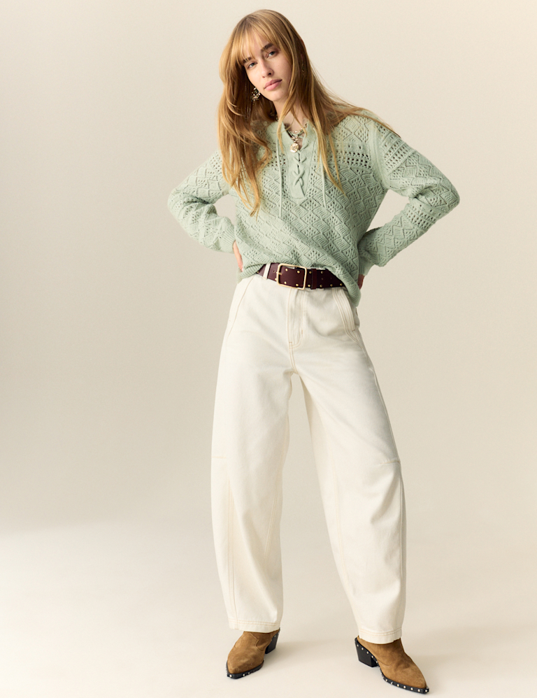 Cotton Blend Pointelle Tie Neck Jumper Cotton Blend Pointelle Tie Neck Jumper