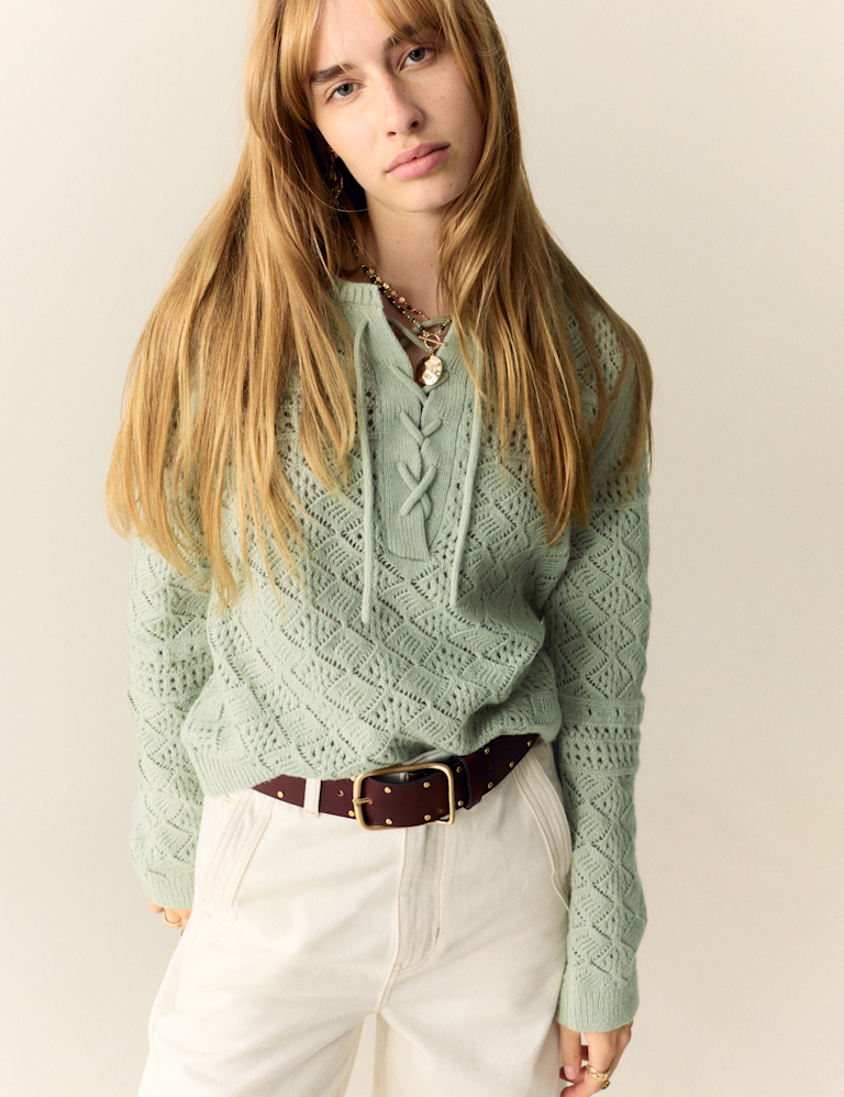 Cotton Blend Pointelle Tie Neck Jumper