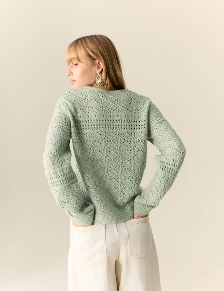 Cotton Blend Pointelle Tie Neck Jumper