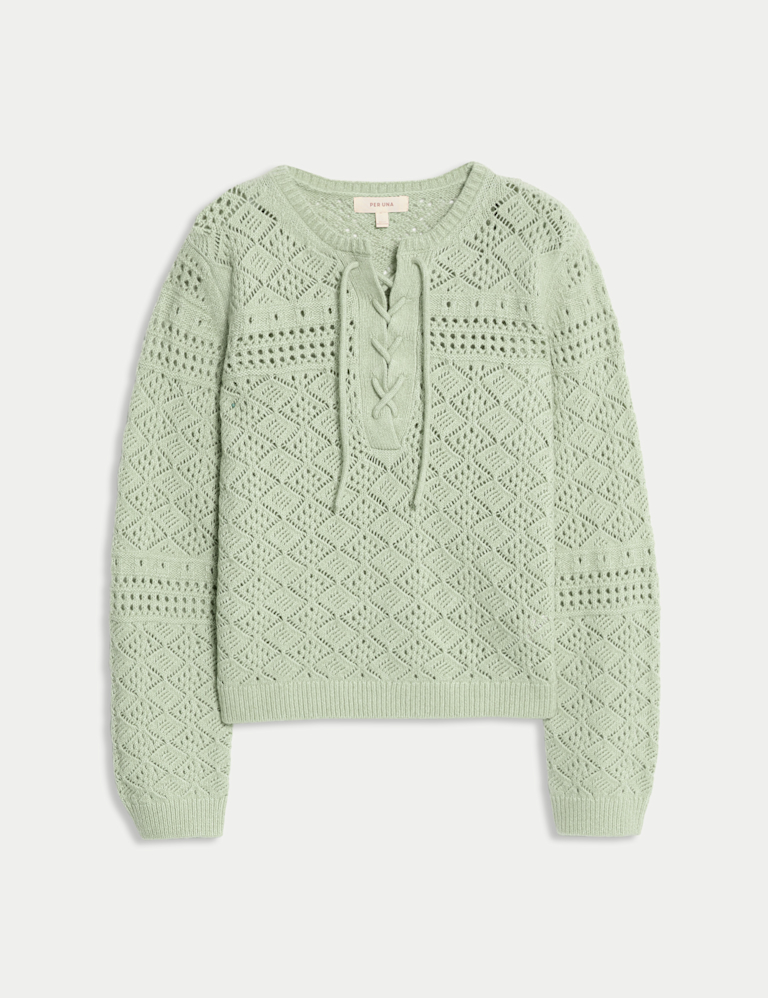 Cotton Blend Pointelle Tie Neck Jumper