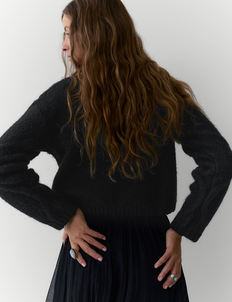 Embellished Diamond Tie Front Cropped Cardigan with Alpaca