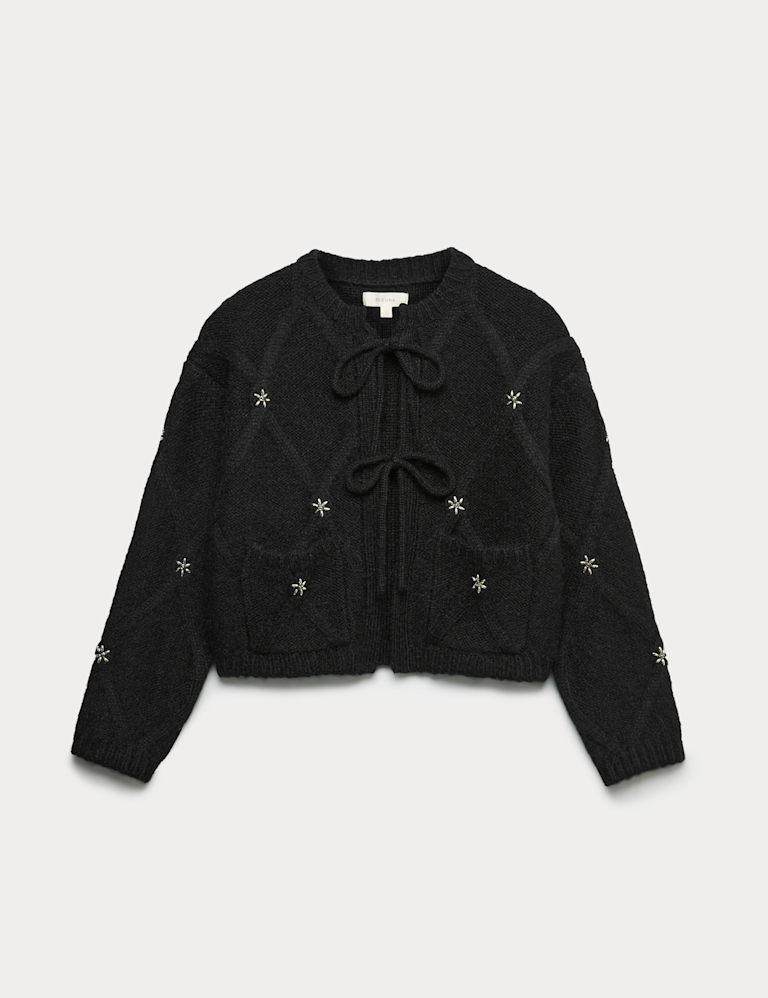 Embellished Diamond Tie Front Cropped Cardigan with Alpaca