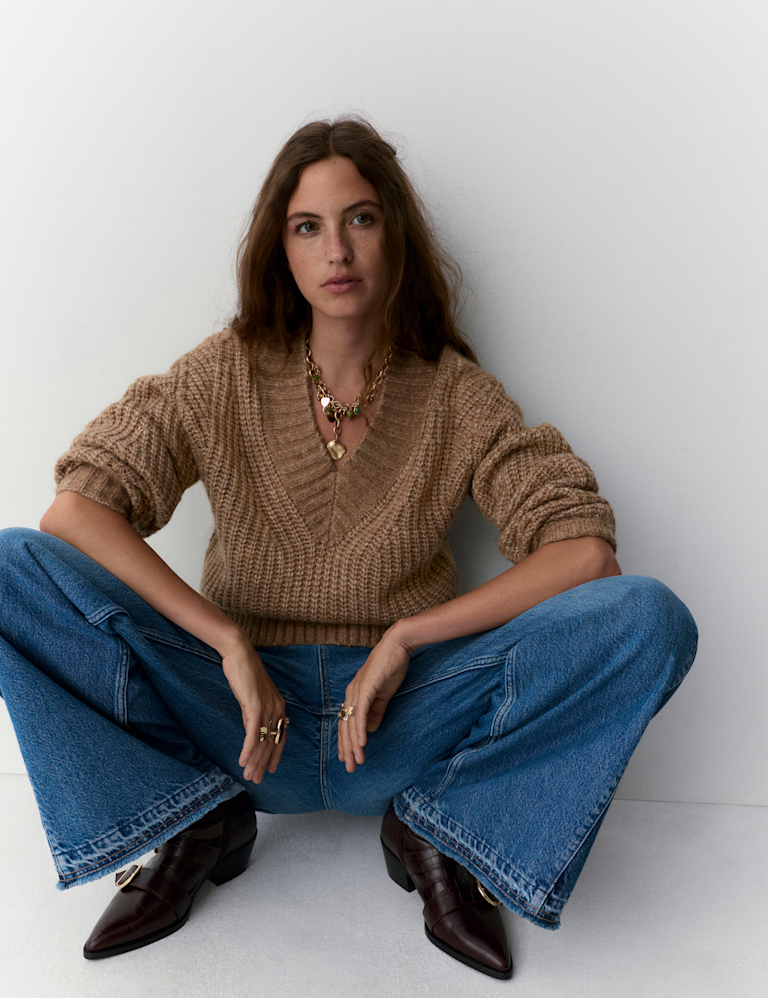 Ribbed V-Neck Puff Sleeve Jumper with Wool Ribbed V-Neck Puff Sleeve Jumper with Wool