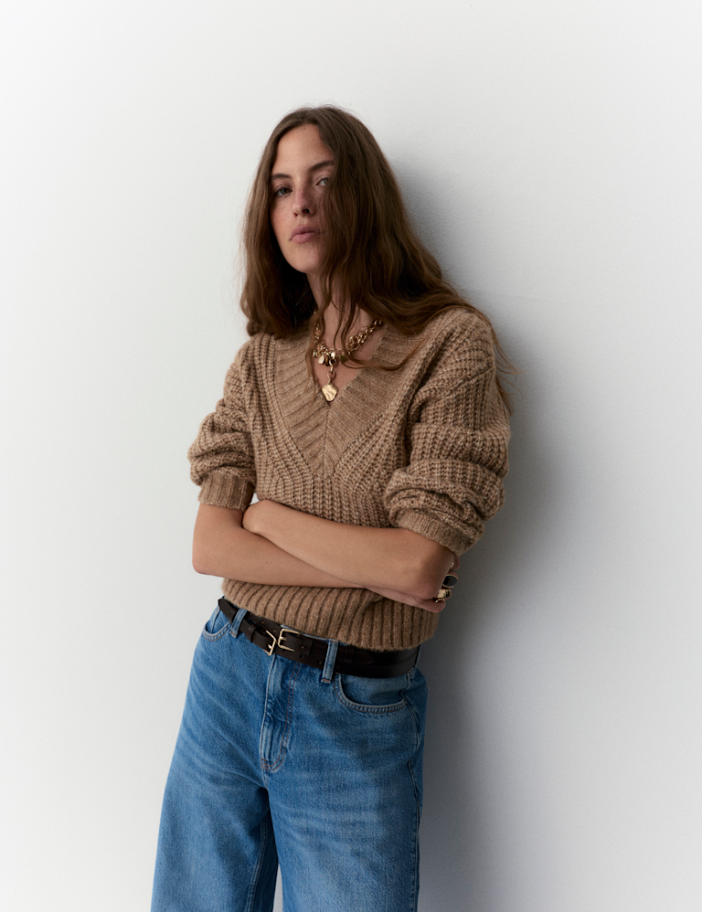 Ribbed V-Neck Puff Sleeve Jumper with Wool