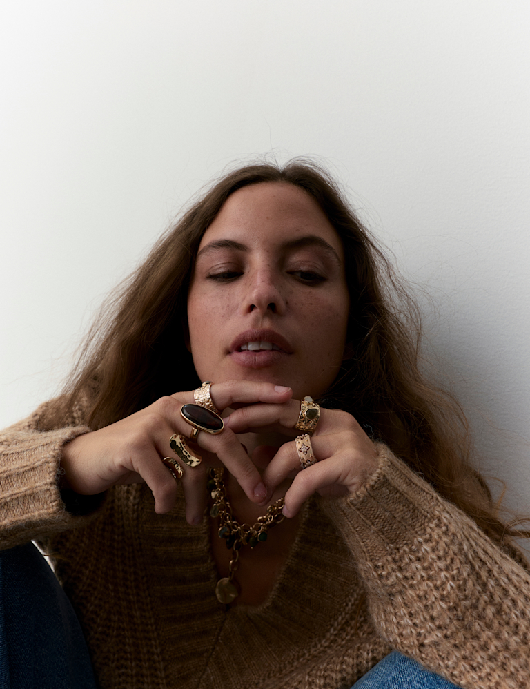 Ribbed V-Neck Puff Sleeve Jumper with Wool