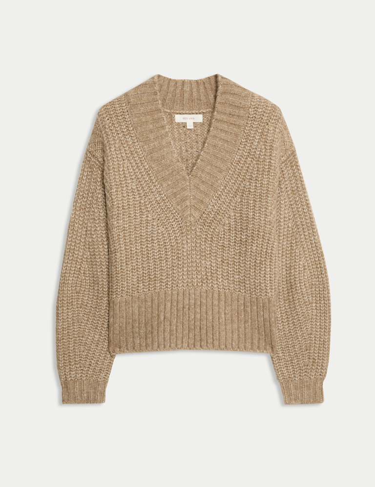 Ribbed V-Neck Puff Sleeve Jumper with Wool