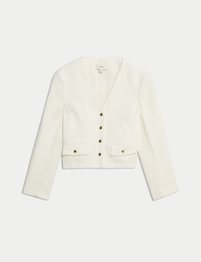 V Neck Fringe Tweed Jacket