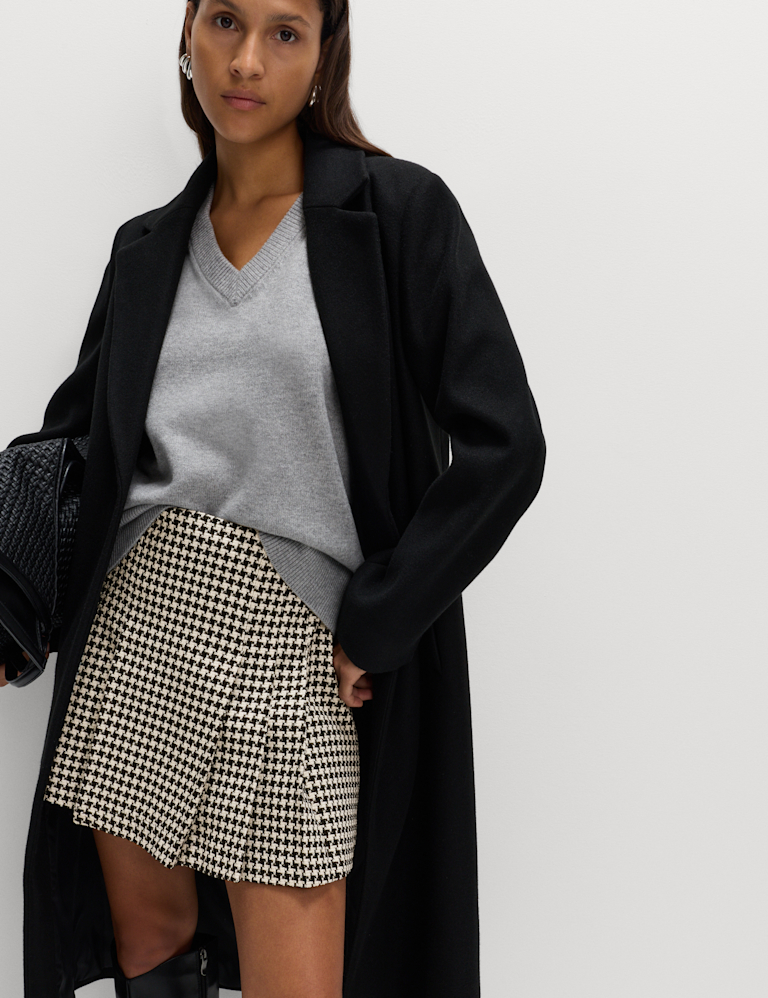Cotton Rich Dogtooth Tweed Pleated Mini Skirt