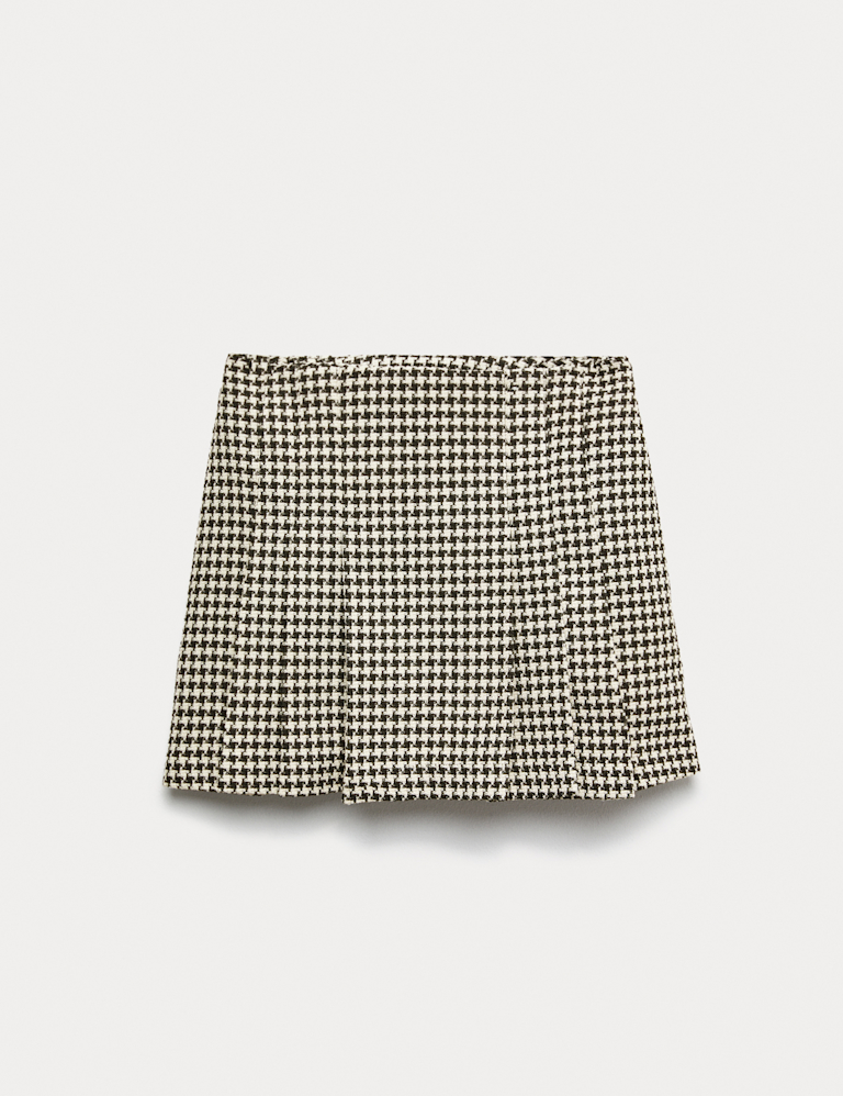 Cotton Rich Dogtooth Tweed Pleated Mini Skirt