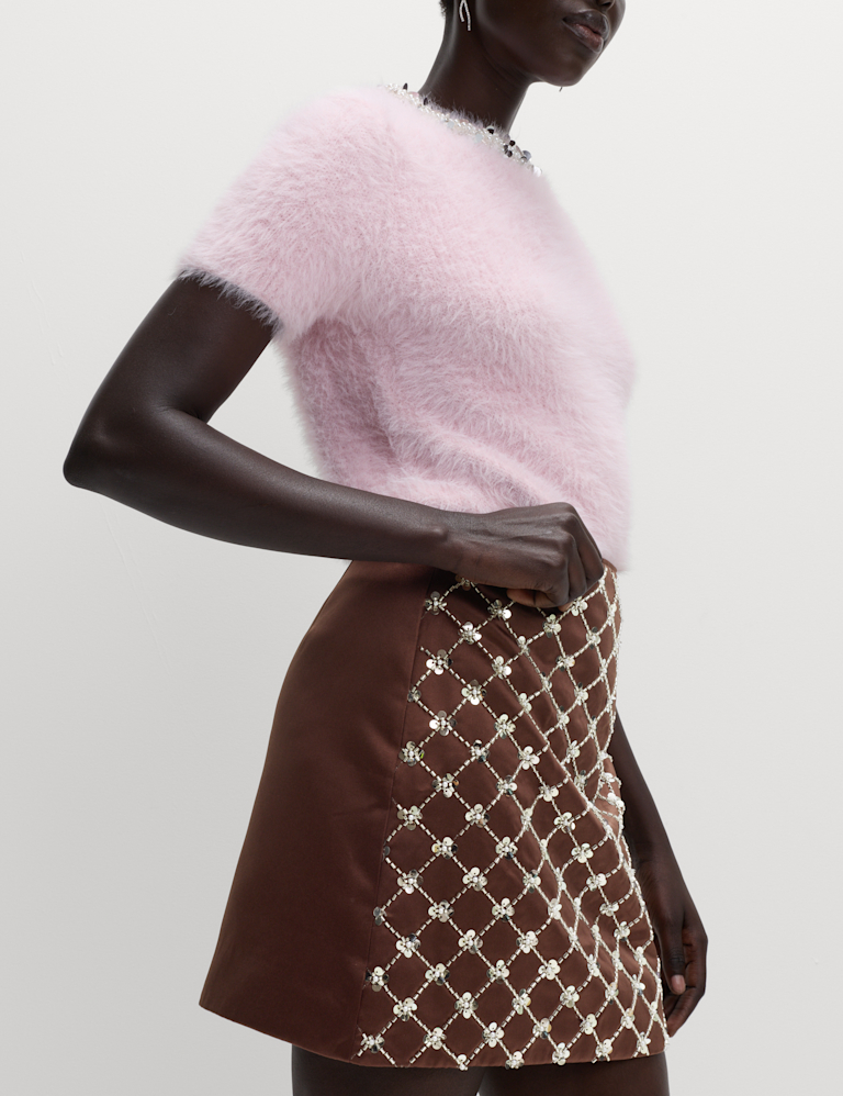 Satin Embellished Mini A-Line Skirt