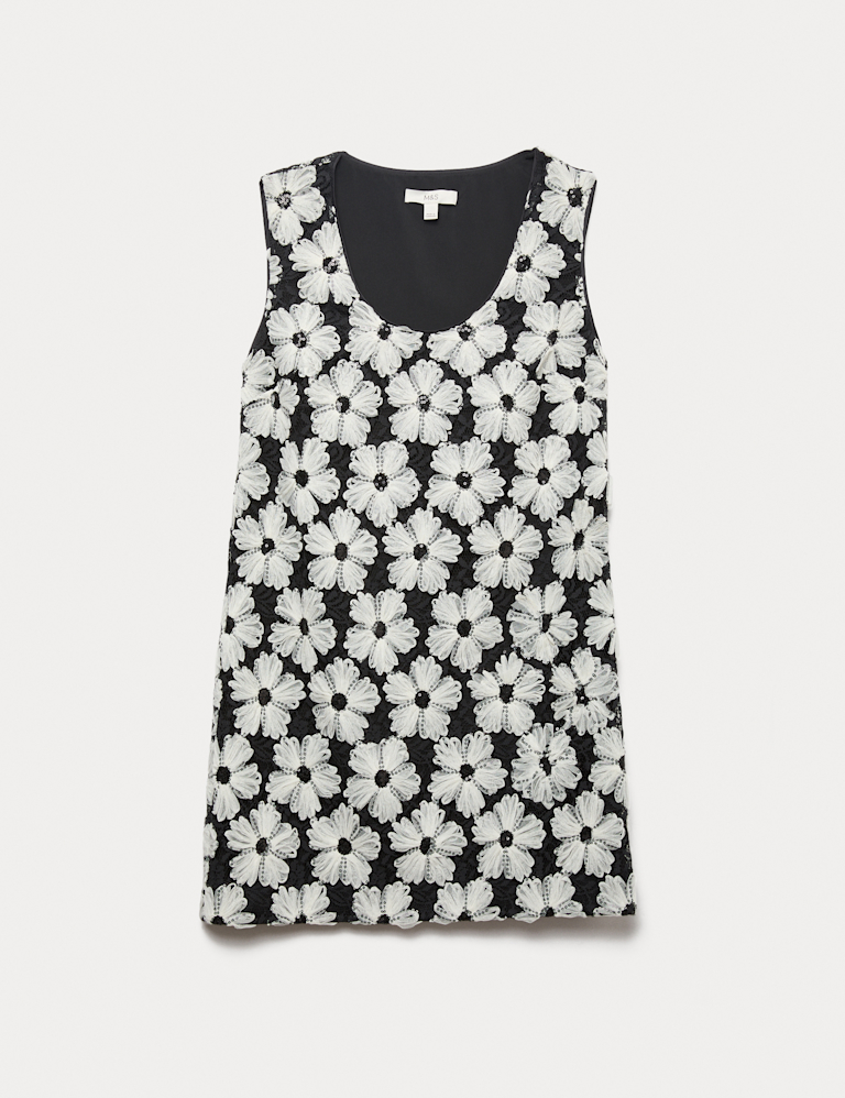 Cotton Blend Floral Scoop Neck Mini Shift Dress