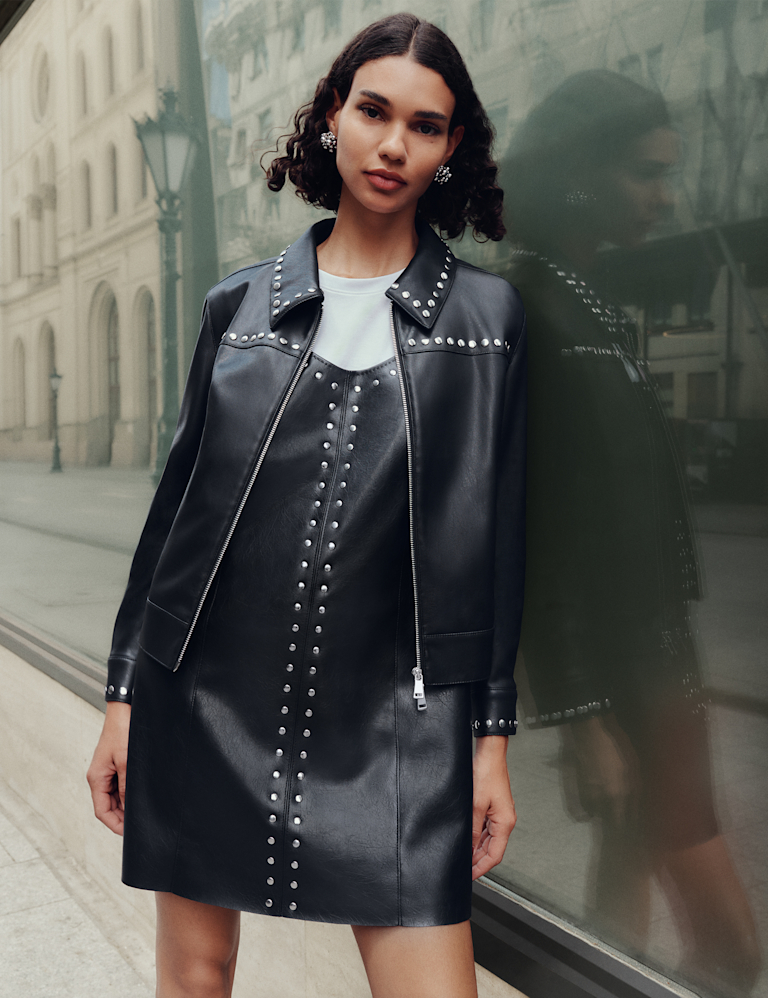 Faux Leather Embellished Mini Shift Dress