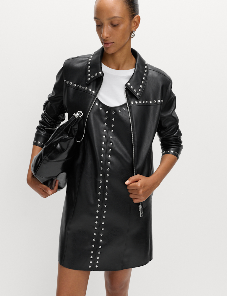 Faux Leather Embellished Mini Shift Dress