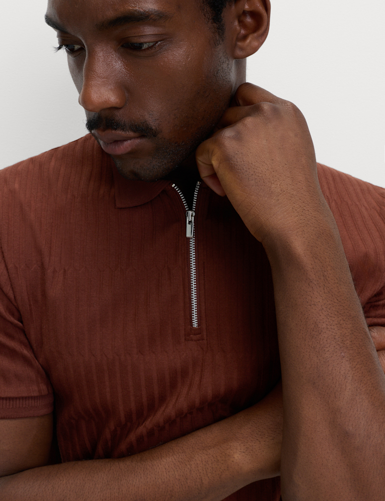Cotton Rich Jacquard Zip Up Polo Shirt