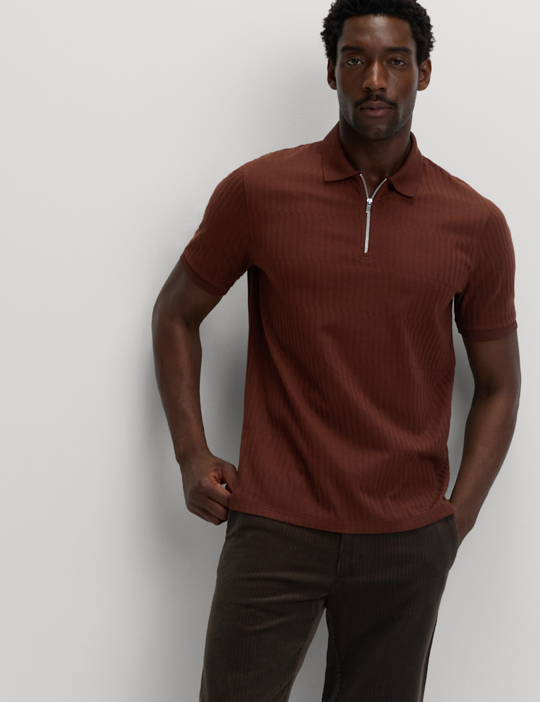 Cotton Rich Jacquard Zip Up Polo Shirt