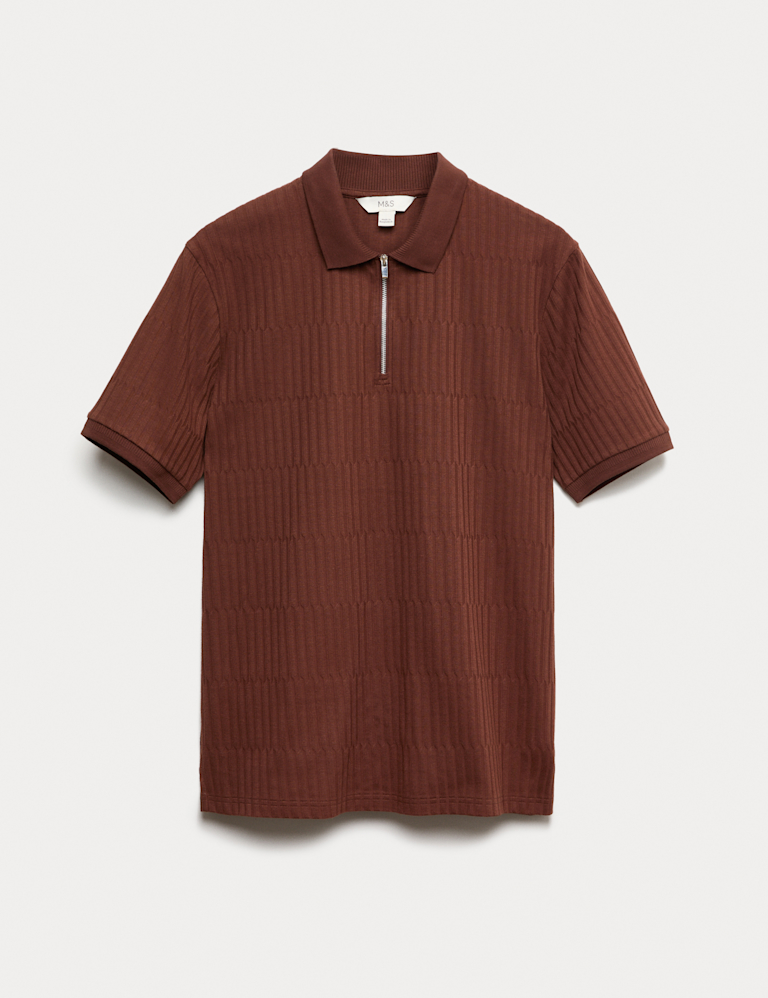 Cotton Rich Jacquard Zip Up Polo Shirt