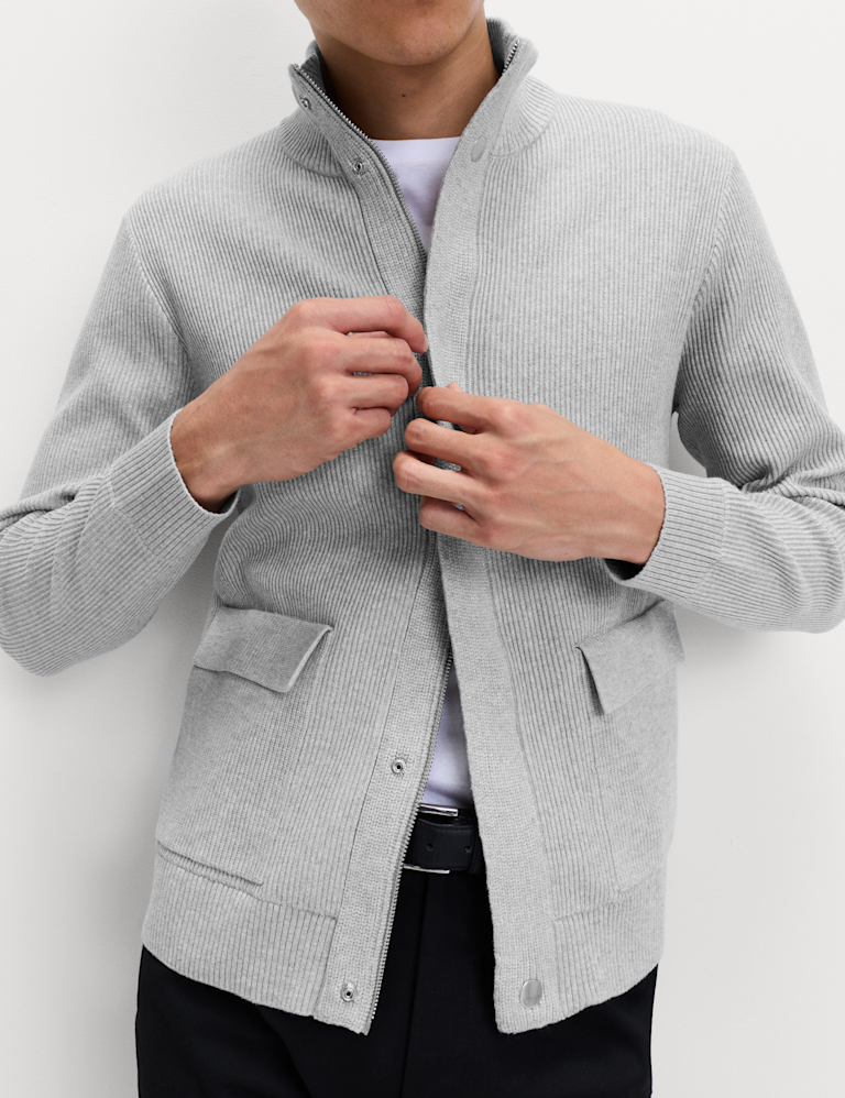 Cotton Blend Ribbed Funnel Neck Jacket