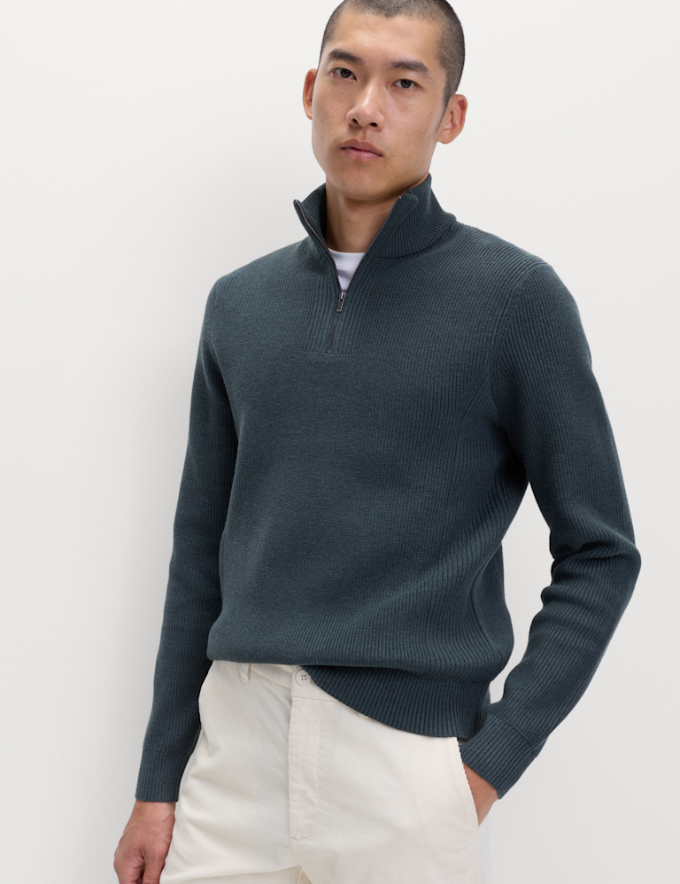 Cotton Blend Ribbed Half Zip Jumper