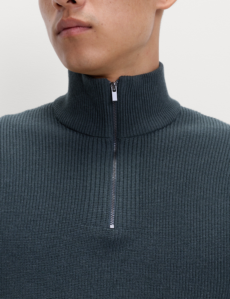 Cotton Blend Ribbed Half Zip Jumper