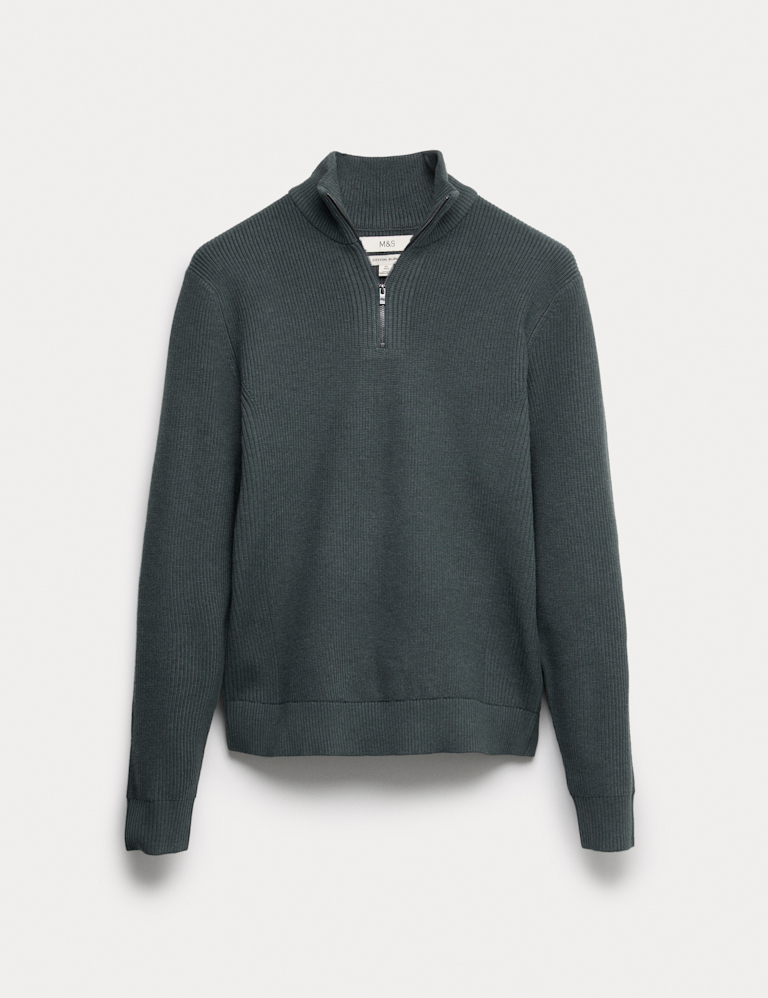 Cotton Blend Ribbed Half Zip Jumper