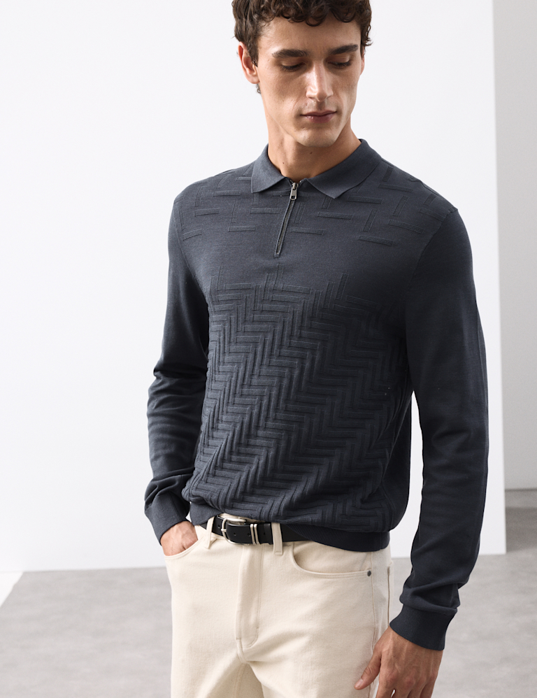 Mercerised Cotton Geometric Half Zip Polo