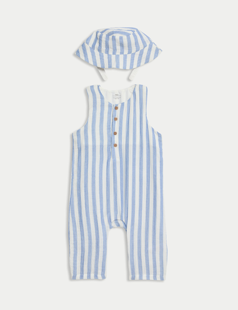 2pc Pure Cotton Blue Striped Romper Outfit (0-3 Yrs)