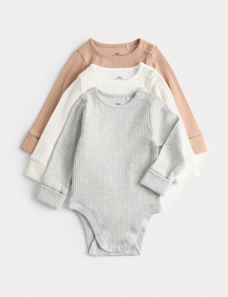 3pk Cotton Rich Ribbed Long Sleeve Bodysuits (0-3 Yrs)