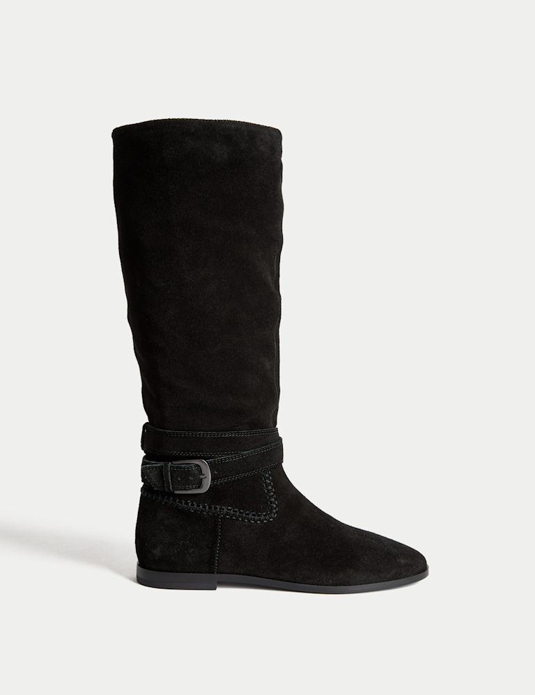 Suede Buckle Flat Knee High Boots