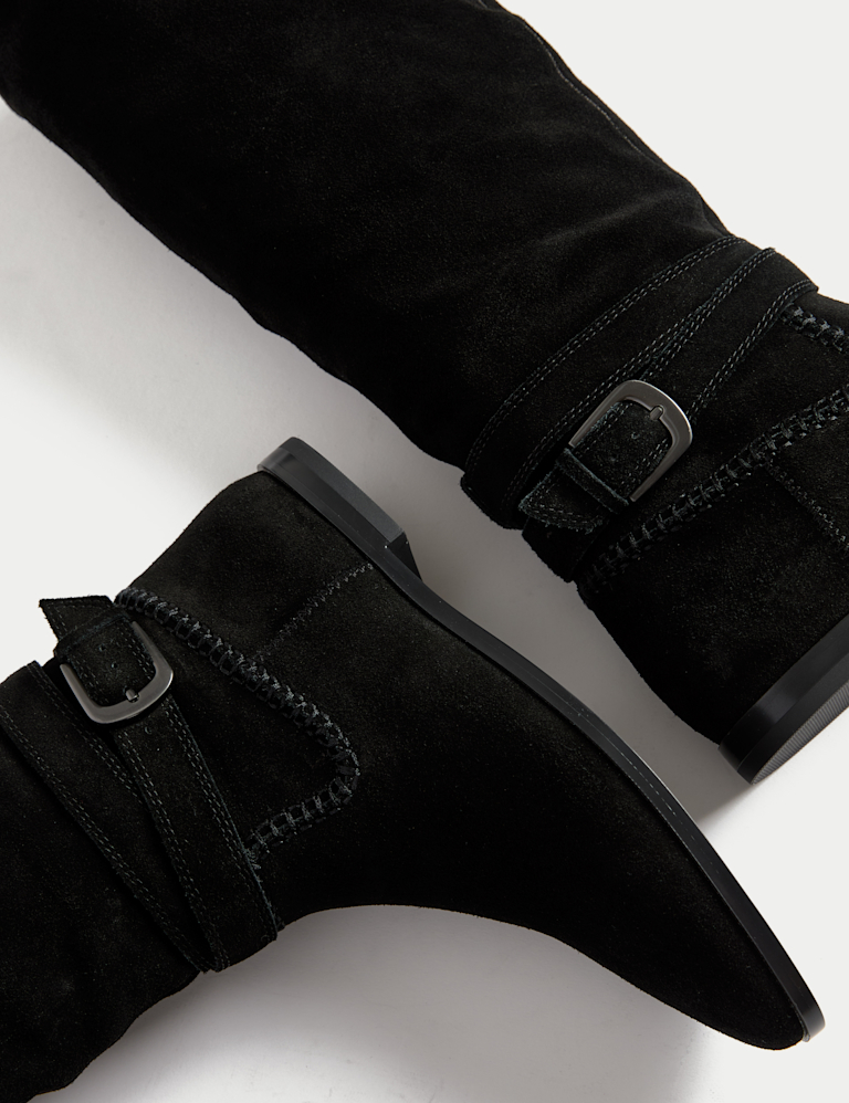 Suede Buckle Flat Knee High Boots