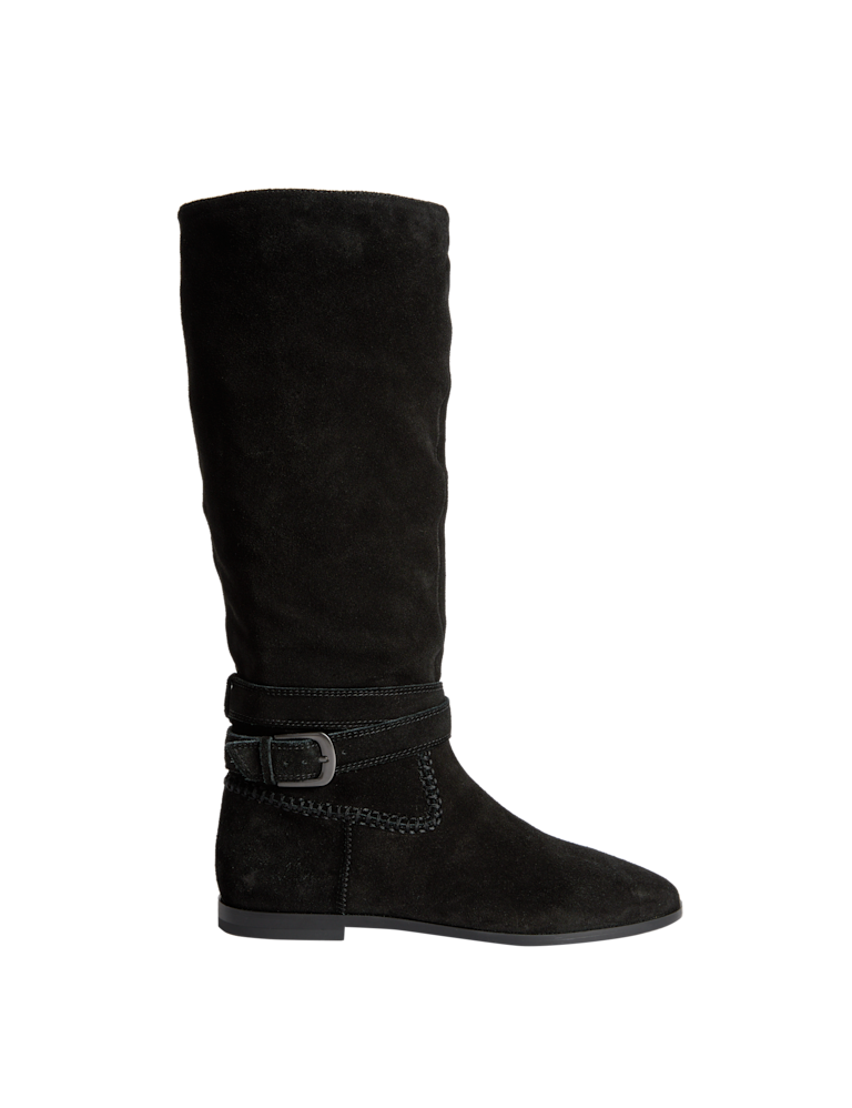 Suede Buckle Flat Knee High Boots