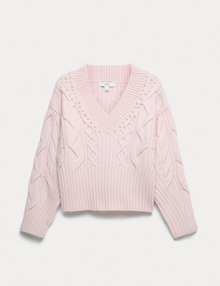 Cable Knit V-Neck Cropped Jumper with Alpaca Wool