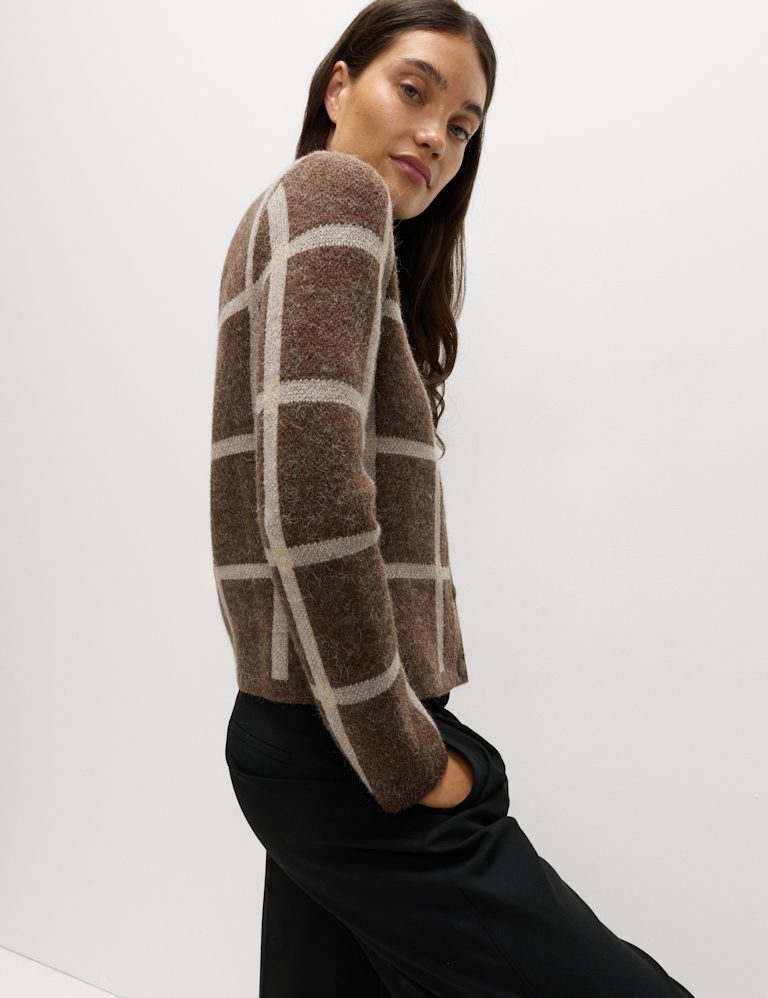 Checked Crew Neck Cardigan With Wool