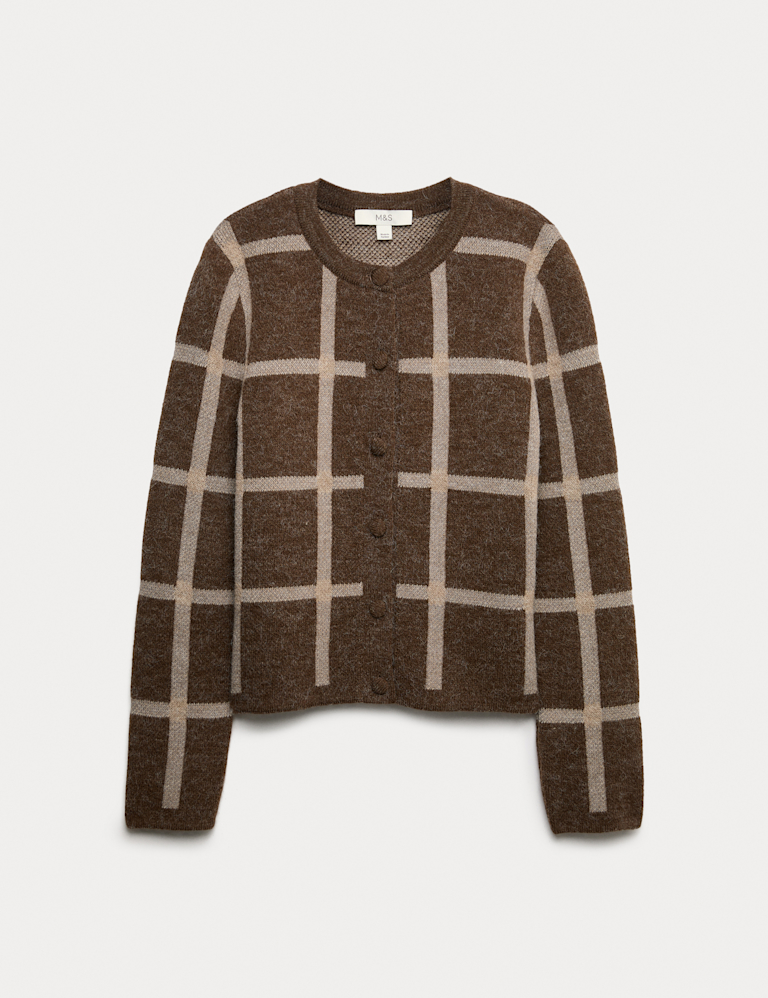 Checked Crew Neck Cardigan With Wool
