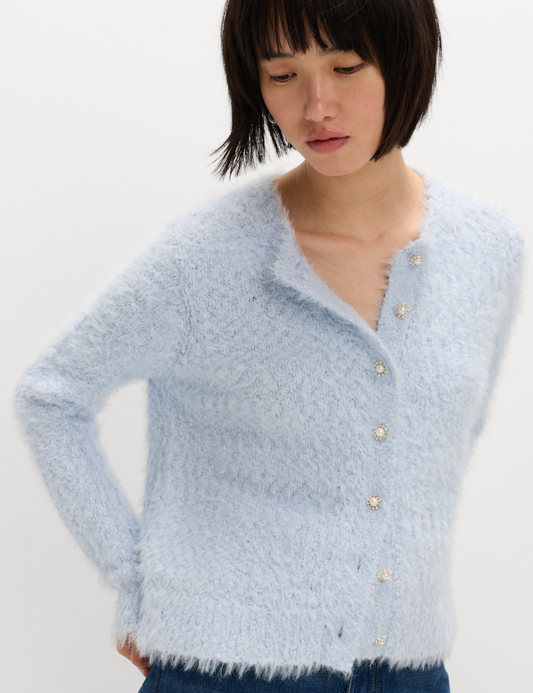 Textured Embellished Button Through Cardigan