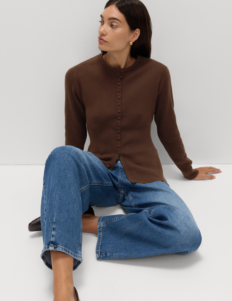 Soft Touch Crew Neck Peplum Fitted Cardigan