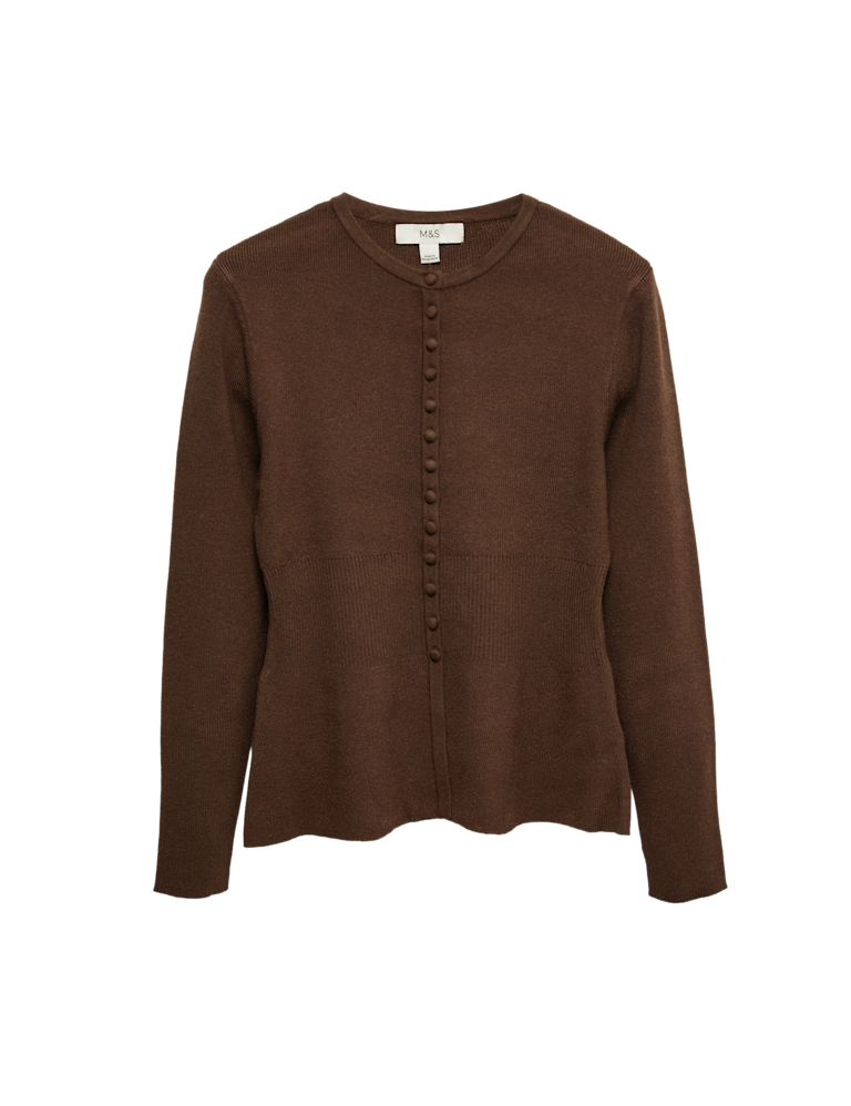 Soft Touch Crew Neck Peplum Fitted Cardigan