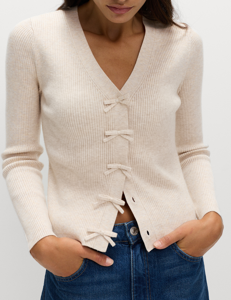 Ribbed V-Neck Bow Detail Cardigan